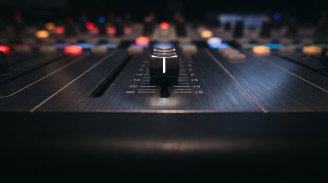 Close-up macro photography of a professional audio mixing console fader slider with blurred studio lighting background for sound engineering