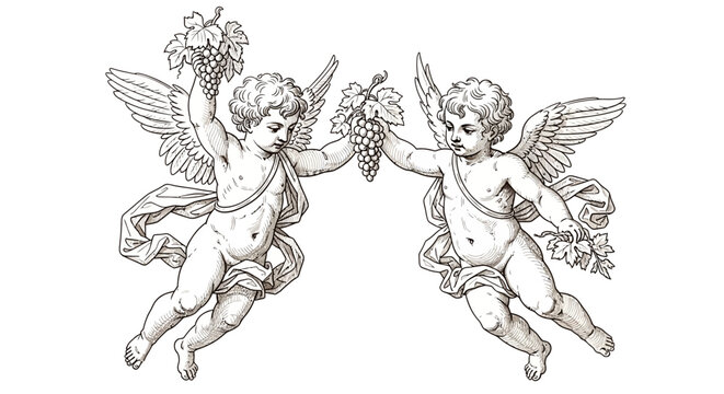 Vintage engraving illustration of two winged putti or cherubs holding grapes in retro style