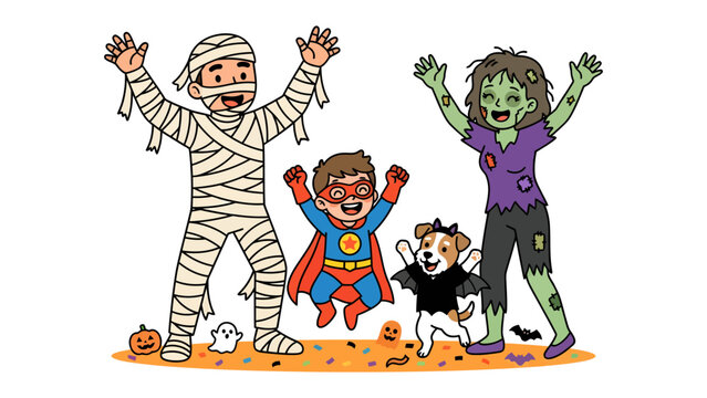 Halloween Fun with Family and Pet: A playful illustration depicts a family dressed in Halloween costumes &ndash; mummy, superhero, and zombie &ndash; along with their dog dressed as a bat.