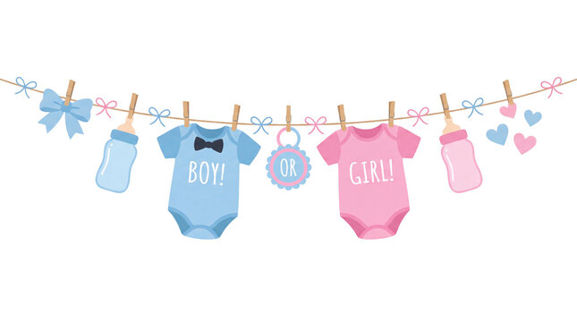 Baby shower illustration featuring blue and pink onesies with text "BOY!" and "GIRL!" hanging on a clothesline with decorative elements