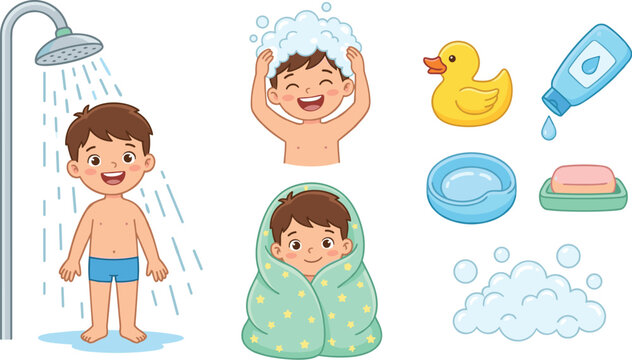 Cute little boy taking shower and bath vector illustration set featuring washing hair wrapped in towel rubber duck shampoo bar soap and bubbles