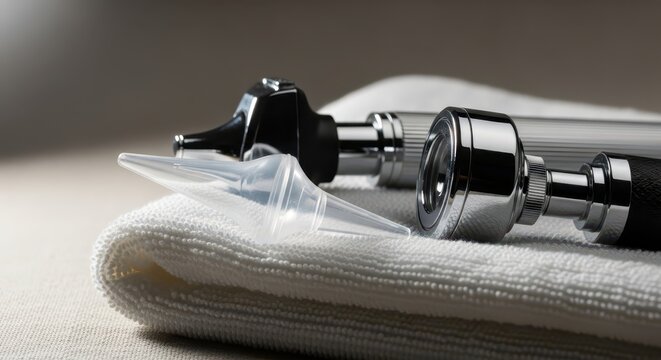 Close-up of a medical otoscope and ear speculum lying on a clean white towel, symbolizing healthcare and diagnosis
