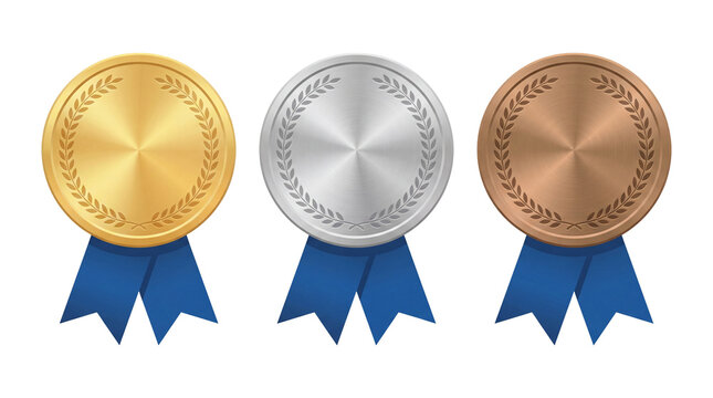 Gold, silver, and bronze medals with blue ribbons isolated on a transparent background for award recognition and achievement representation