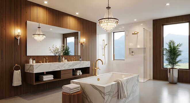 Modern luxury bathroom interior with marble vanity and soaking tub