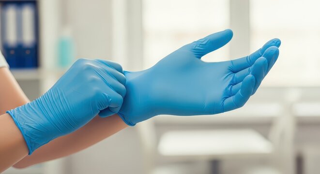 Close-up of a healthcare professional's hands putting on blue nitrile medical gloves in a clean clinic or hospital setting, emphasizing hygiene and sa
