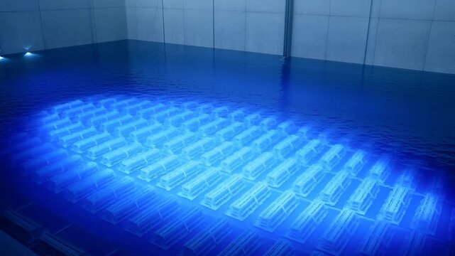 Deep blue glow radiates upward through clear water from spent fuel assemblies stored at the bottom of a nuclear pool