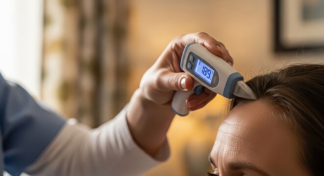 Close-up of a healthcare professional using an infrared forehead thermometer to check a patient's temperature at home, focused on illness and health m