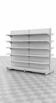 A minimalist 3D render of clean, empty shelving units bathed in even, neutral lighting, showcasing a pristine, uncluttered design.