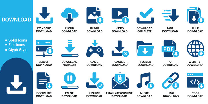 Download and file export solid icons set with blue flat solid glyph symbols. Vector illustration of digital media cloud storage transfer collection, web page document attachment button symbol.