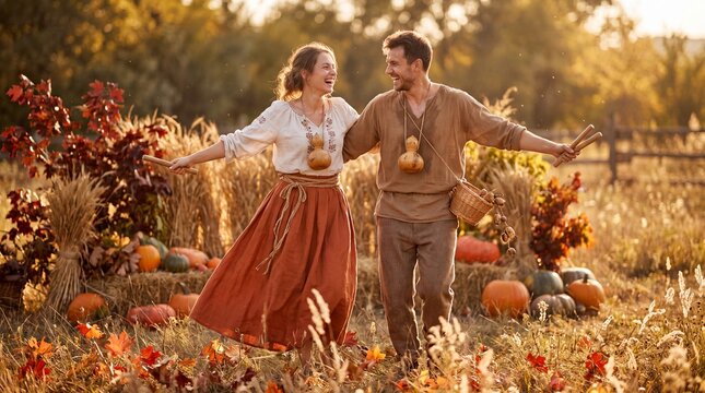 Couple dancing with instruments in a joyful autumn harvest field.