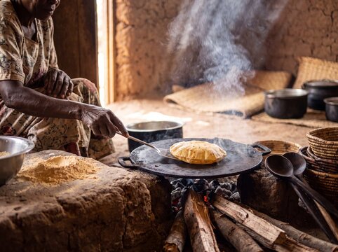 Woman cooking chapatis in a rural kitchen setting with glowing light