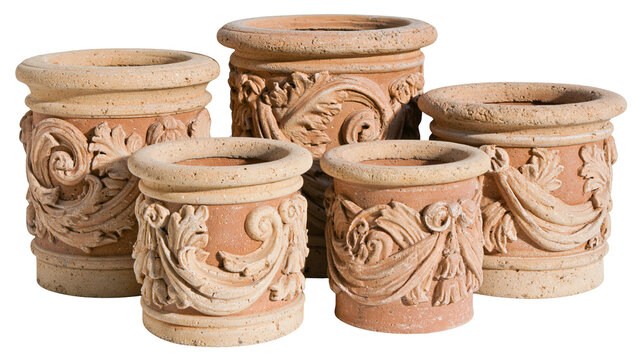 Terracotta planters with ornate scrollwork and acanthus leaf designs