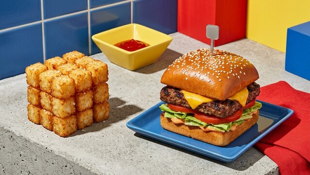 Square beef cheeseburger and tater tot cube on concrete with bright geometric primary color background