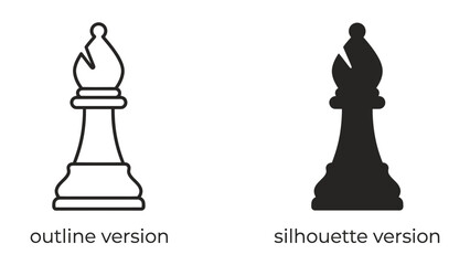 Chess Bishop Outline and Silhouette: A clean graphic design featuring two representations of a chess bishop piece, one in an outline style and the other as a solid silhouette. © md1