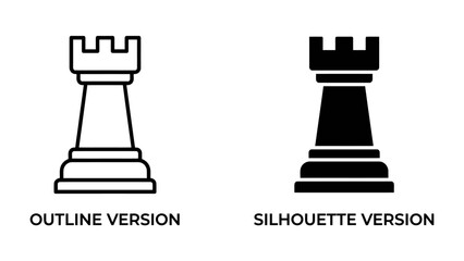 Chess Rook Outline and Silhouette: A side-by-side comparison featuring a white outline graphic of a chess rook alongside its black silhouette counterpart. © md