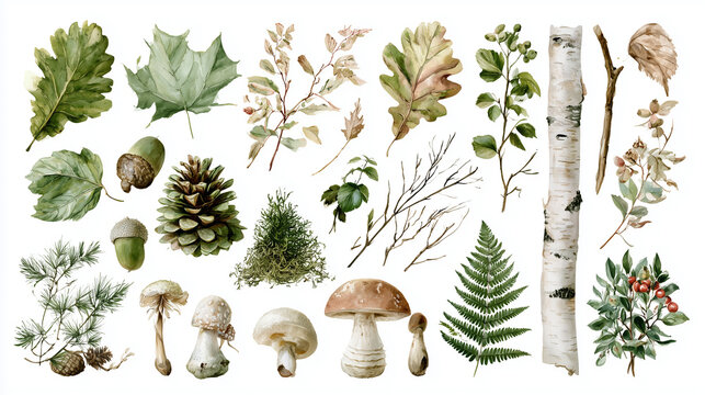 Set of watercolor forest elements including various green leaves, birch tree bark, pine cones, mushrooms, fern fronds, and twigs isolated on a white background for seasonal nature design projects.