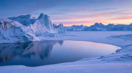 Obraz premium Arctic Landscape with Glacial Icebergs Frozen Sea Water and Sunset Sky During Blue Hour Twilight