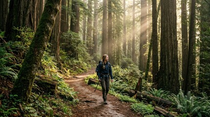 Obraz premium Person Hiking Through Sunlit Redwood Forest Trail.