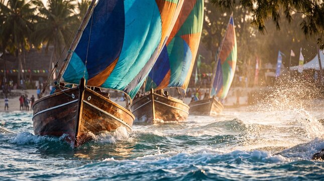 Swahili dhow race at golden hour across dynamic ocean waves.