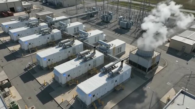 Aerial view of a modern industrial power plant with multiple generator units and a cooling tower emitting steam, representing energy production and technology.
