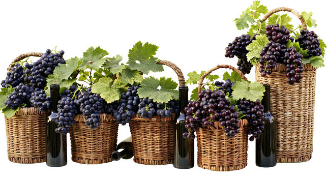 Dark grapes in woven baskets with wine bottles and leaves
