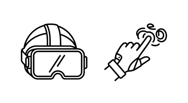 Virtual reality headset icon and hand interaction gesture line art set with interface interaction technology simulation metaverse headgear
