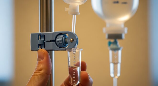 Close-up of a medical professional adjusting IV drip with a test tube and saline solution, representing healthcare and treatment.