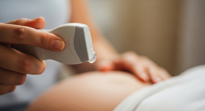 Close-up of a medical professional performing an ultrasound on a pregnant woman's abdomen with gel on the transducer