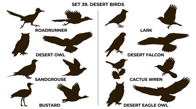 Desert Birds Collection - Set of Roadrunner Owl Falcon Lark and Cactus Wren Silhouettes