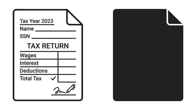 Tax Return Form Illustration: A stylized illustration shows a tax return form for Tax Year 2023, complete with fields for Name, SSN, Wages, Interest, Deductions, and Total Tax.