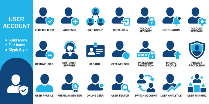 User account and profile solid icons set with blue flat solid glyph symbols. Vector illustration of avatar security login member management collection, web interface privacy control symbol.