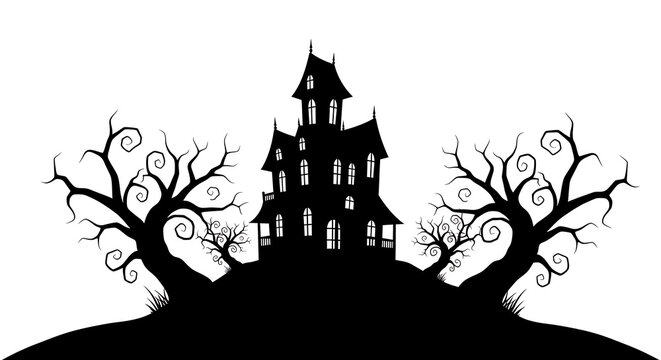 Spooky haunted house silhouette with bare trees on a hill