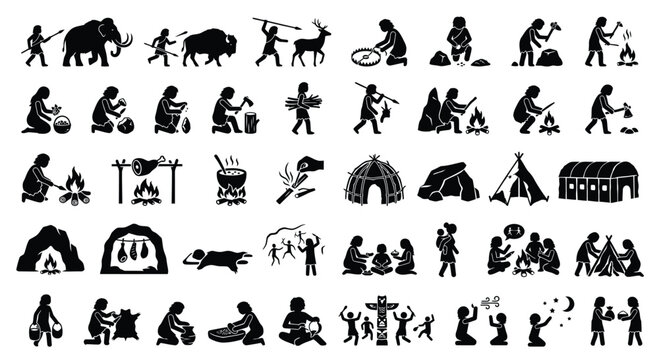 Silhouette icon set featuring prehistoric stone age activities: hunting mammoths, fire making, tool crafting, gathering, cave painting, primitive huts, and early human social behaviors.