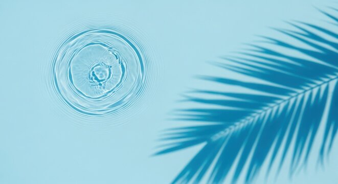 Water ripple with palm leaf shadow on blue surface