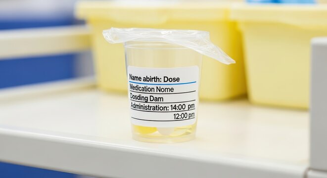 Close-up of a medical specimen cup with patient medication information label on a shelf in a hospital or clinic setting