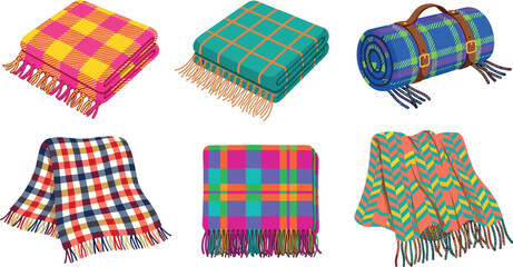 Cozy Plaid Blanket Vector Icon Set with Folded and Rolled Tartan Picnic Rugs for Winter Comfort, Home Decor, and Outdoor Camping Designs © MdMostafijur