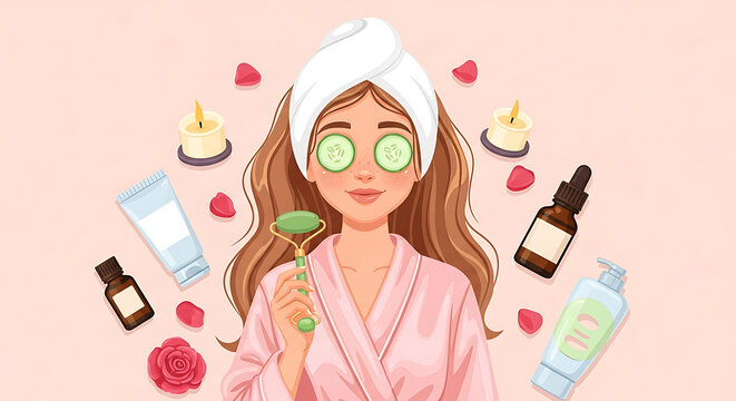 Woman in spa robe with cucumber eye mask and face roller