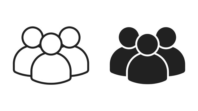 Group of people icons: Simple, abstract icons representing a group of people in both outline and solid silhouette form. Easy to use for representing community, team, or audience.