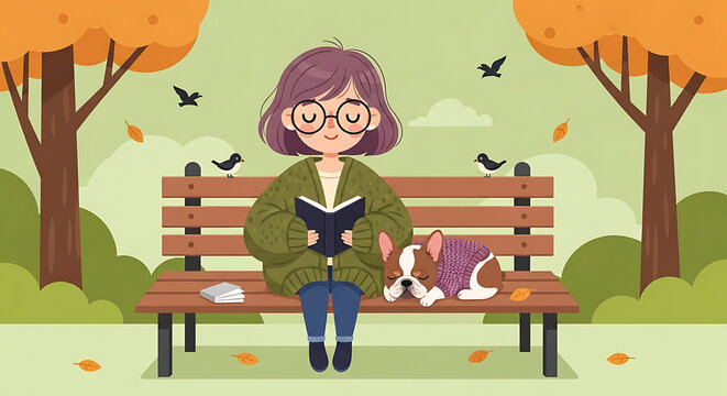 Girl reading a book with her dog on a park bench in autumn