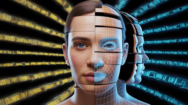 A human face splitting into multiple algorithmic versions, each representing different online identities