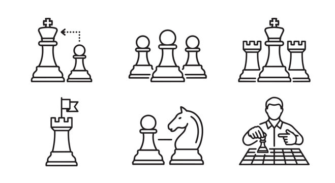 Chess strategy and gameplay icons outline style with strategy competition thinking checkmate