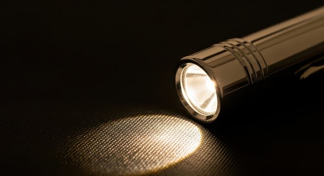 Close-up of a metallic flashlight emitting a bright beam of light onto a textured dark surface in a low-key setting