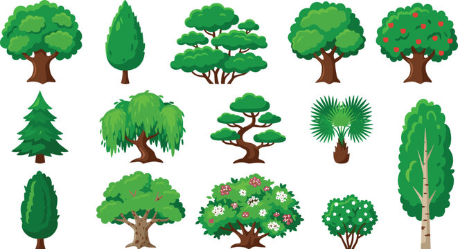 Green Tree and Shrub Vector Icon Collection Featuring Oak Pine Palm Birch Willow and Flowering Bush Elements for Landscape and Map Designs