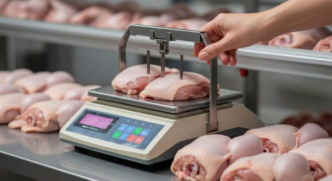 A hand places raw chicken pieces on a digital weighing scale in a food processing environment for accurate measurement.