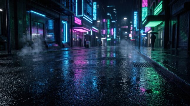 Rainy neon city street with wet pavement reflections at night