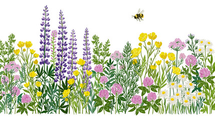 Wildflower meadow with lupine clover buttercups, daisies and bee