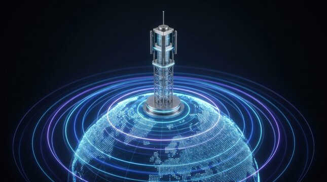 5G telecom tower broadcasting wireless signals across digital globe