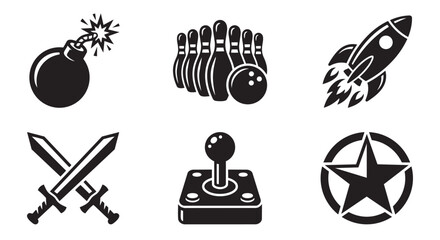 Fototapeta premium Action and adventure gaming icon set with adventure joystick military videogame explosion