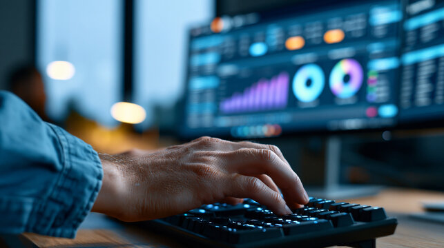 Hands typing payroll entries into software during late evening work