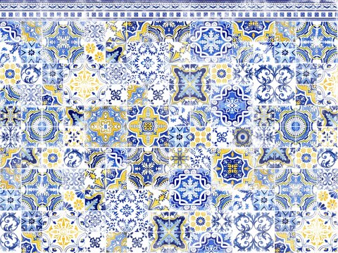 Azulejo Tiles Wall Mural Aged Portuguese Background Traditional Illustration, Birthday or Wedding Blue Yellow Mediterranean Wallpaper Decorative Event Banner Interior Backdrop